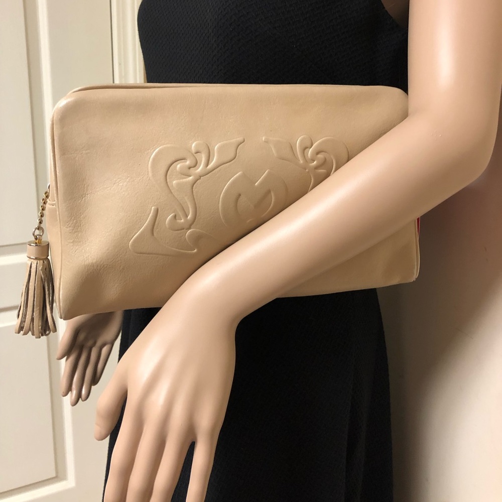 MILA SCHON Italian Leather BEIGE Tassel Clutch
